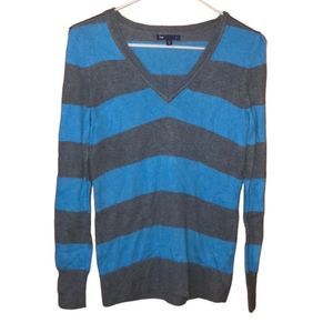 •GAP•BLUE & GRAY STRIPED V-NECK KNIT RIBBED SWEATER SIZE XS EUC